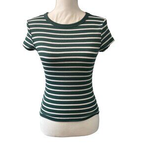 Womans Juniors Green & White Striped Fitted Short Sleeve Ribbed Tee Size Medium